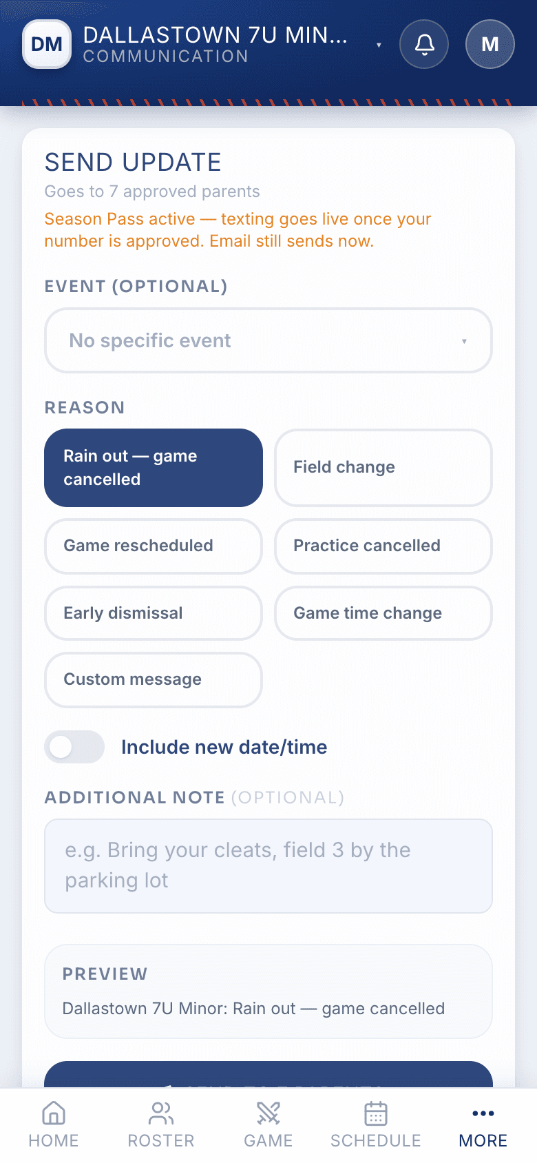 RecStak parent-text composer — sending a reason-coded update to every family