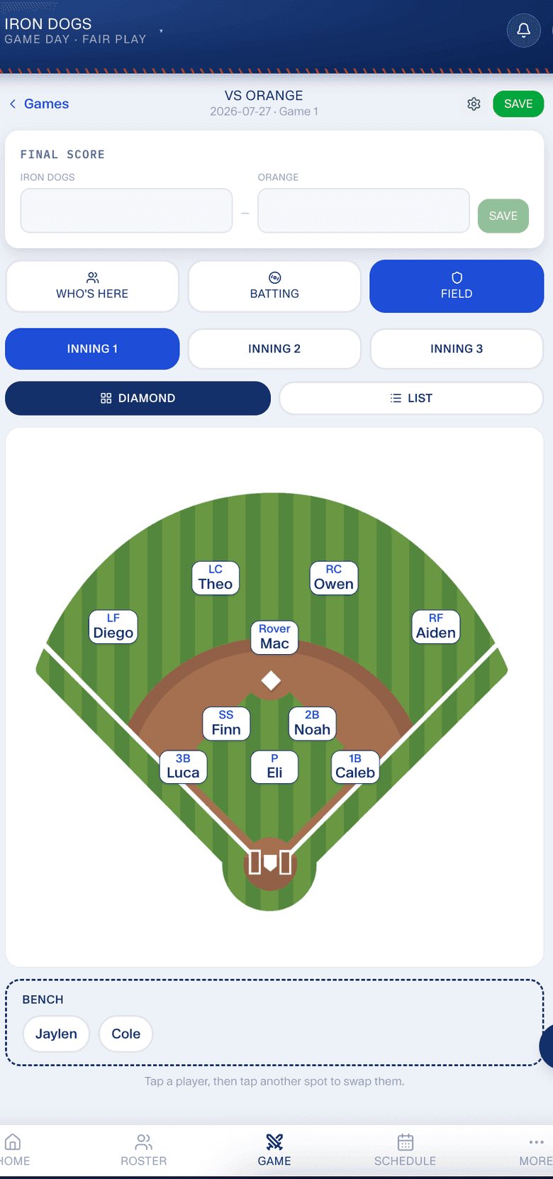 RecStak Game Day screen — a fair-play diamond with every kid assigned a position