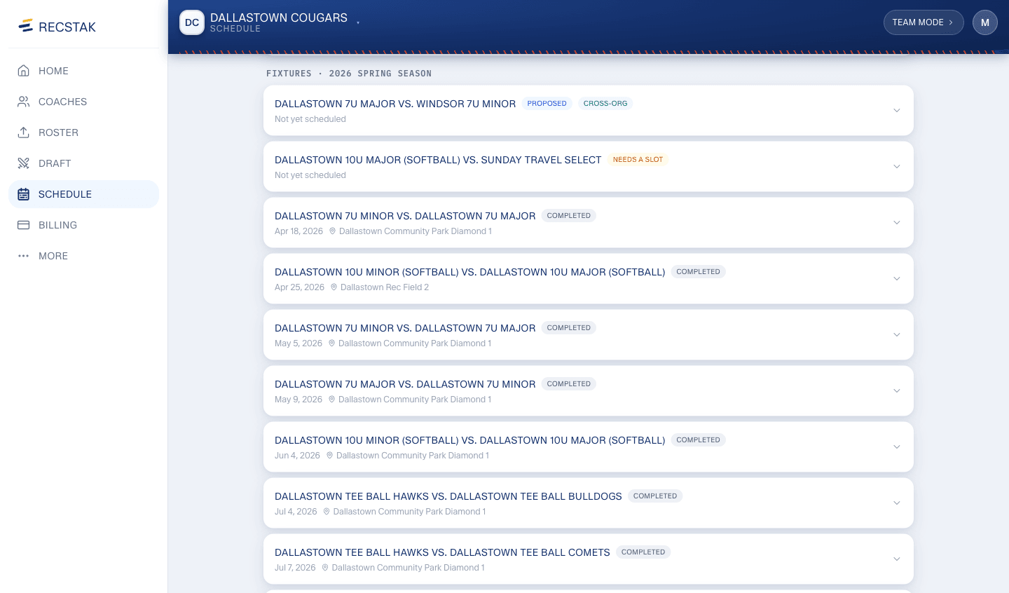 RecStak league schedule — a director's season view: every division's games, fields, and dates on one screen, including matchups across the league