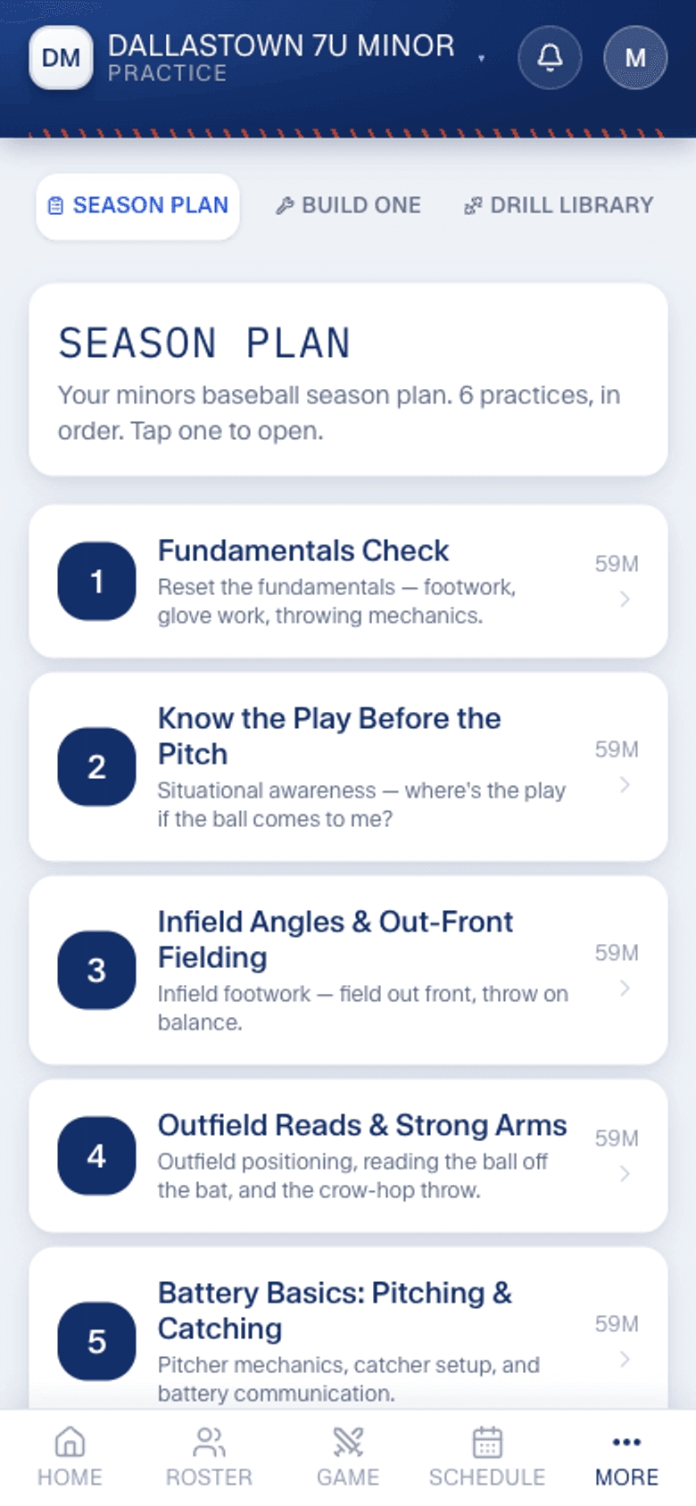 RecStak Season Plan screen — a minors baseball season laid out as six practices in order, each with a duration and focus