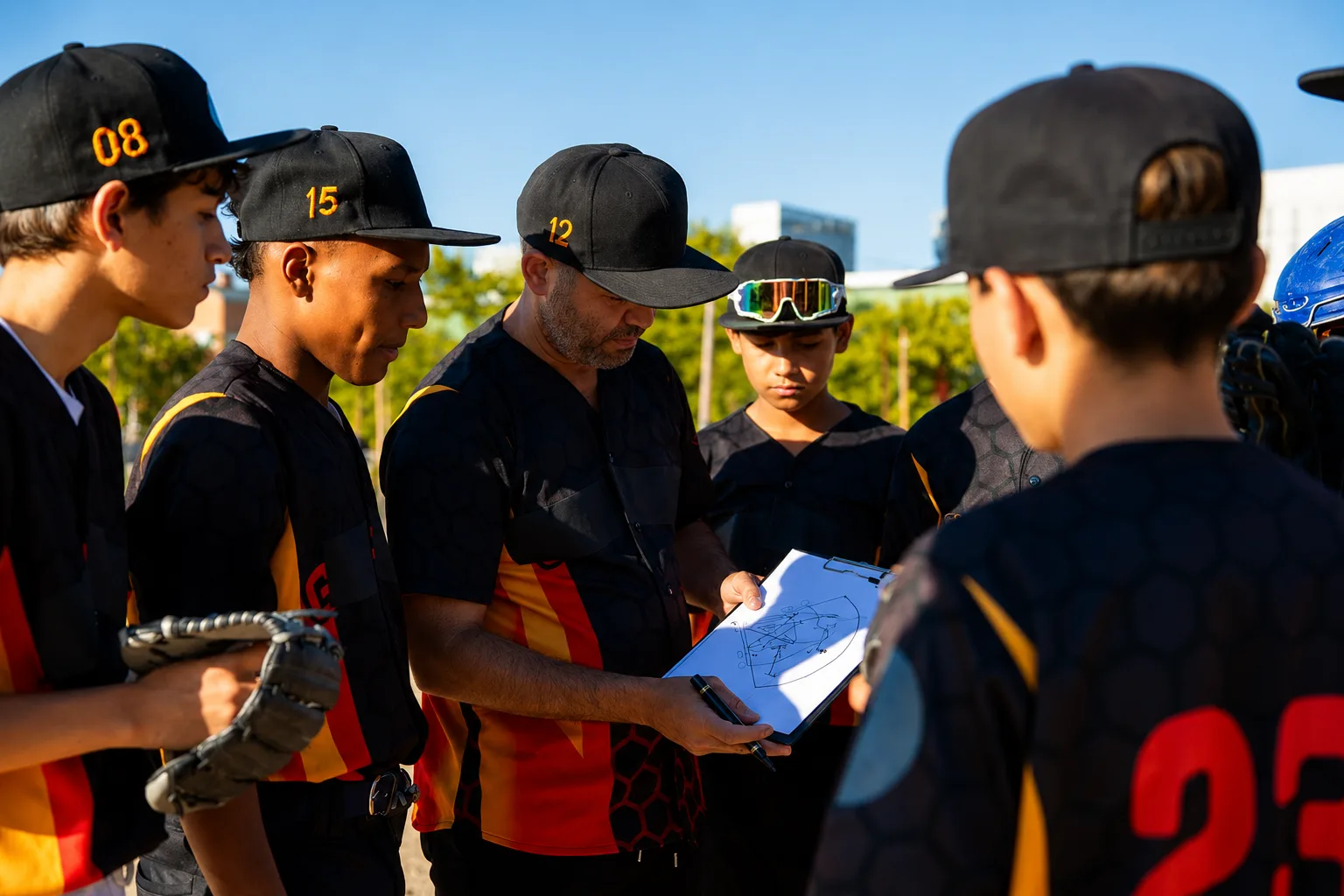 A rec-league coach kneeling with his team in a huddle on the field, lineup clipboard in hand, going over the game plan