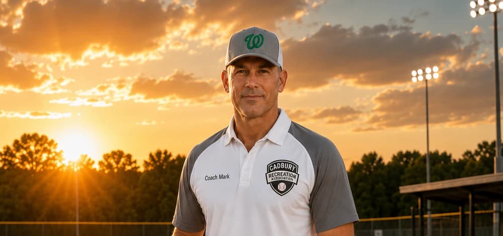 A youth rec coach standing on a baseball field at sunset