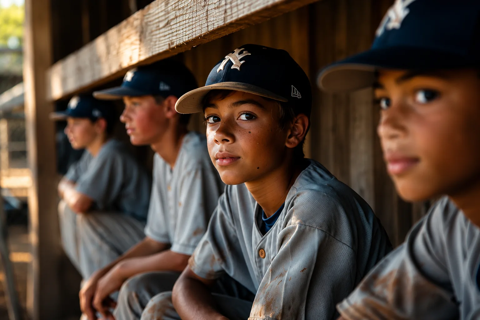 A row of young baseball players in full uniform sitting together in the dugout